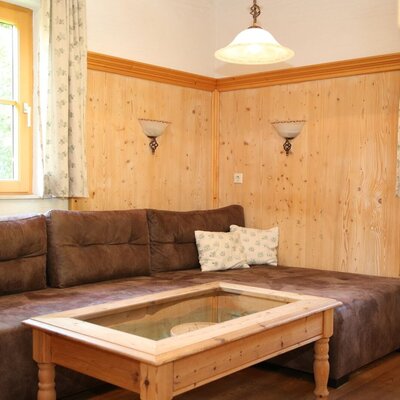 Spacious living area of the apartment with a large sofa, wooden table, and window overlooking greenery.