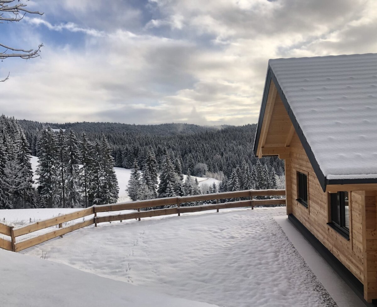 The wooden Farm House exterior in winter, with a snow-covered roof and a view of the snowy forest from the fenced grounds.