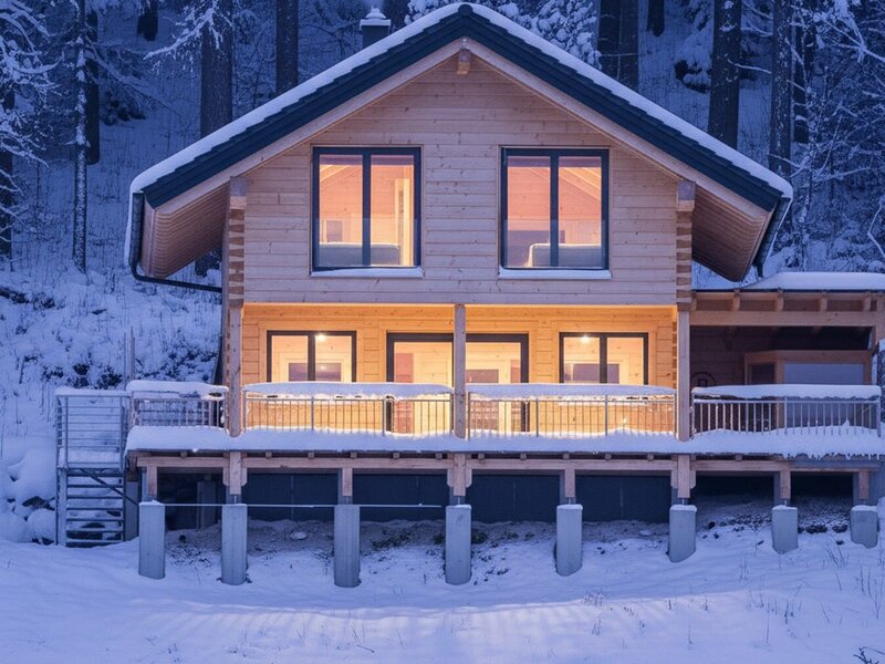 The hotel at night in the snow, with illuminated windows and smoke from the chimney.