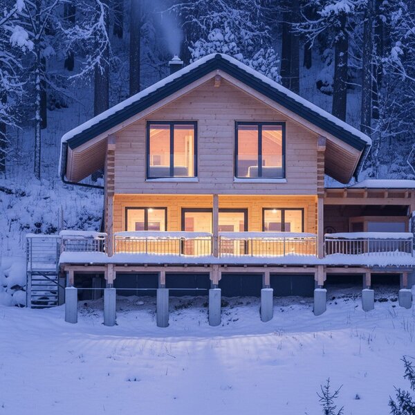 The hotel at night in the snow, with illuminated windows and smoke from the chimney.