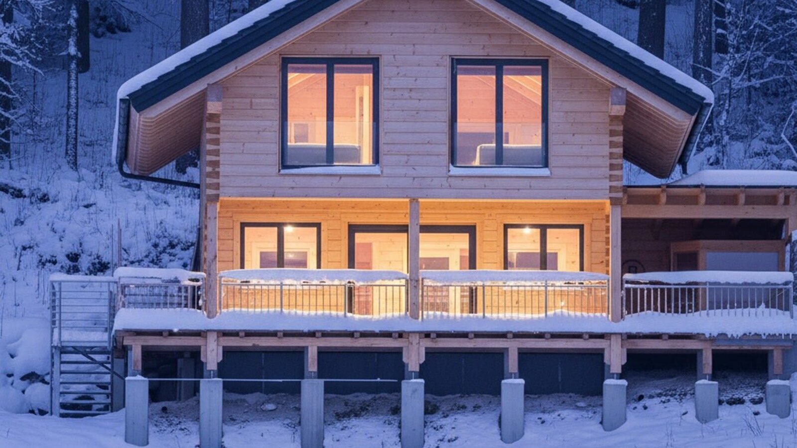 The hotel at night in the snow, with illuminated windows and smoke from the chimney.
