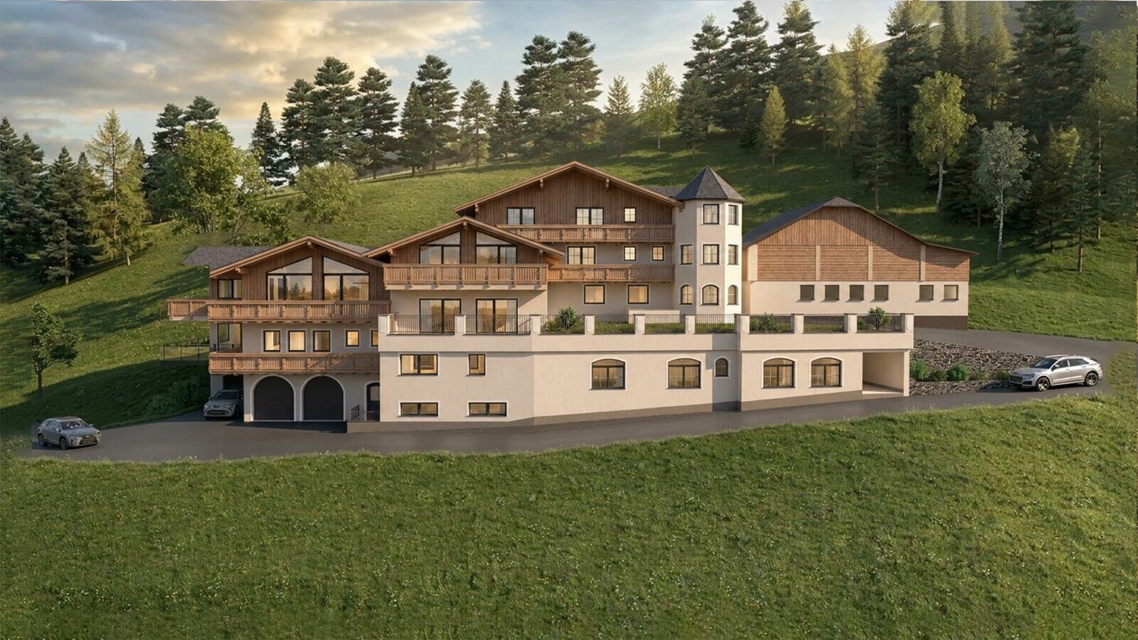 The inviting farmhouse is nestled against a lush green hillside with dense pine forests.