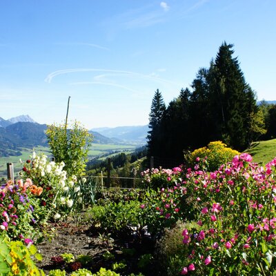 The farm house features a garden with colorful flowers and expansive views of the valley and mountains.