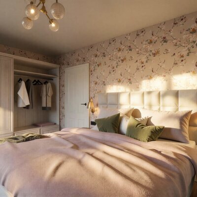 Bedroom in the farmhouse featuring a double bed, solid wood wardrobe, and floral wallpaper.