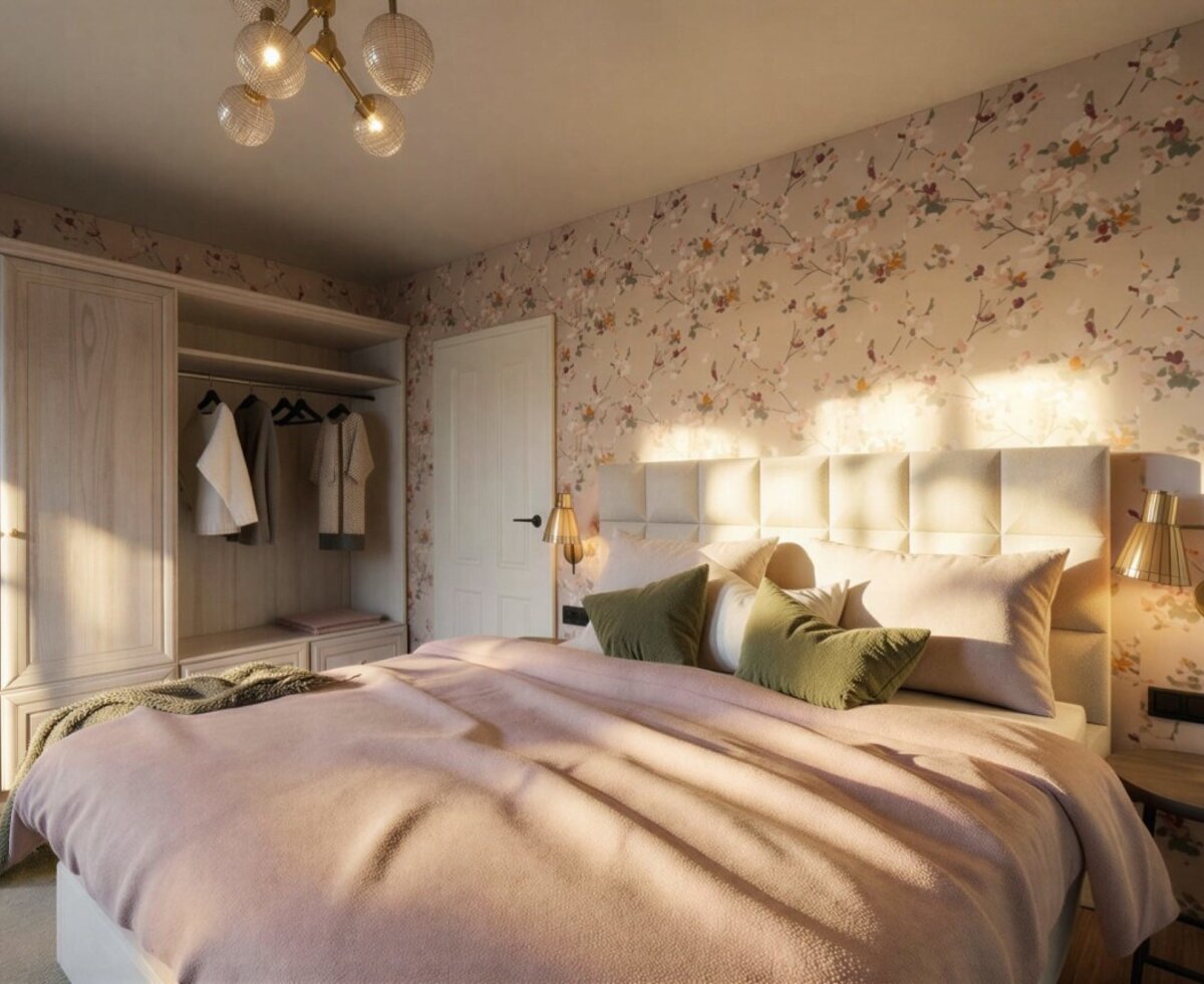 Bedroom in the farmhouse featuring a double bed, solid wood wardrobe, and floral wallpaper.