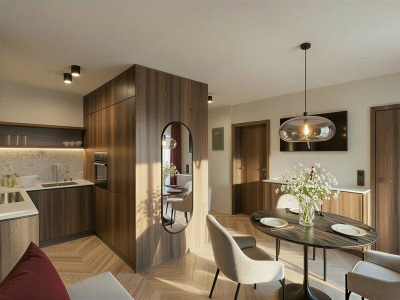 Modern kitchen unit and dining area with a wooden table, chairs, and TV in the farmhouse.
