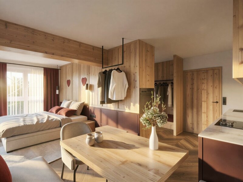 Farmhouse room with a double bed, dining table, and kitchenette, furnished with solid wood furniture.