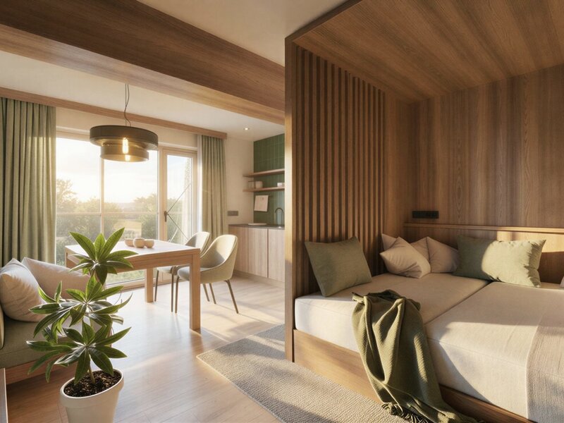 Open-plan living and sleeping area in the farmhouse with solid wood furniture, an integrated bed, dining area, kitchenette, and TV.