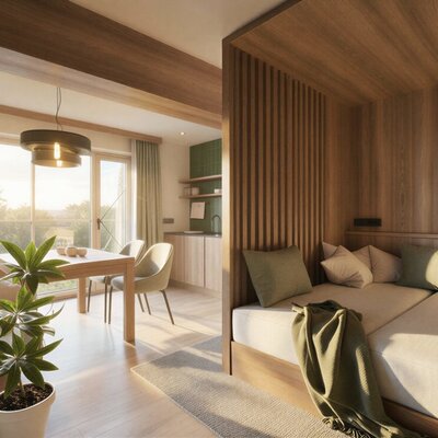 Open-plan living and sleeping area at Apartment Adelheid in the farmhouse with solid wood furniture, an integrated bed, dining area, kitchenette, and TV.