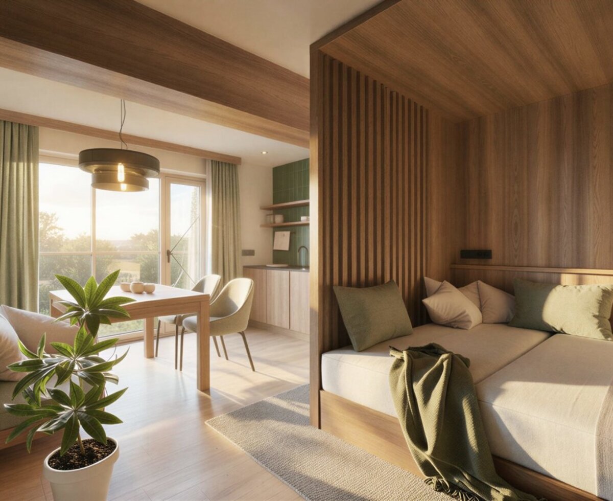 Open-plan living and sleeping area in the farmhouse with solid wood furniture, an integrated bed, dining area, kitchenette, and TV.