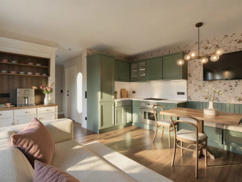 Open-plan living area in the farmhouse with a fully equipped kitchen, dining area with a wooden table and bench, a sofa, and a television.