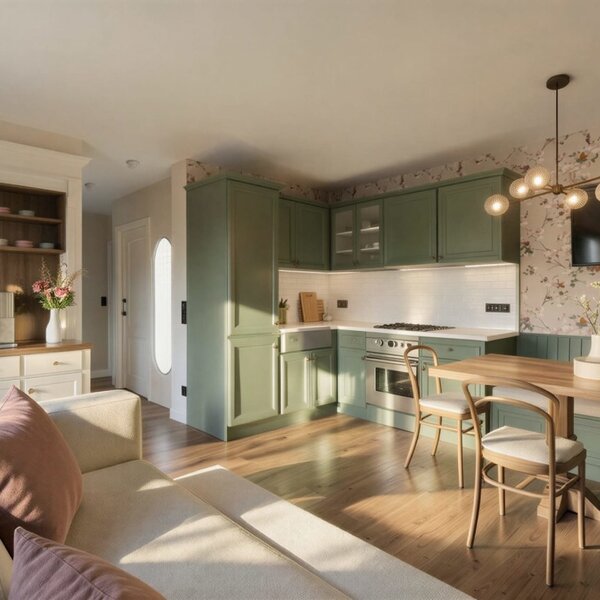 Open-plan living area in the farmhouse with a fully equipped kitchen, dining area with a wooden table and bench, a sofa, and a television.