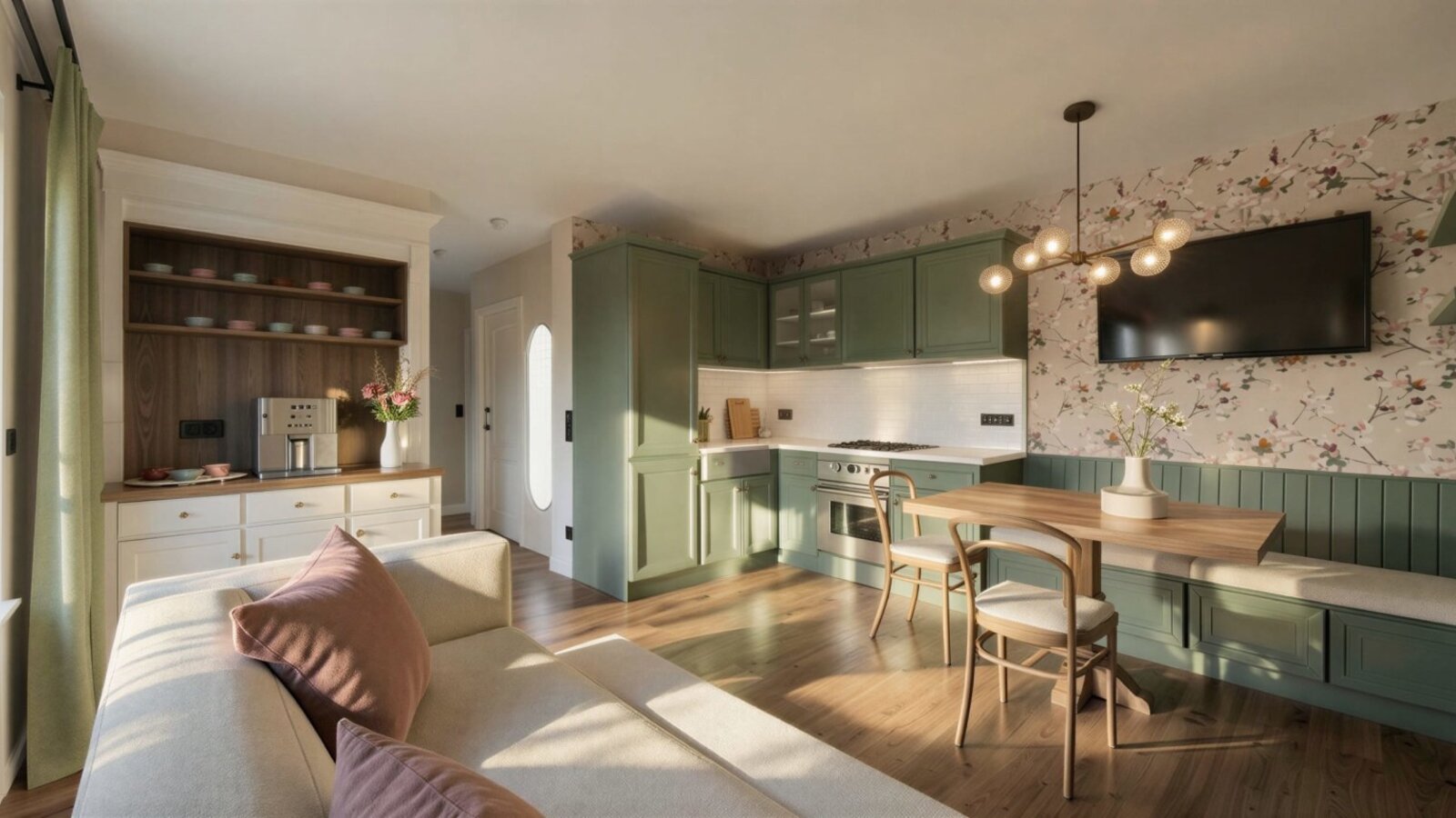 Open-plan living area in the farmhouse with a fully equipped kitchen, dining area with a wooden table and bench, a sofa, and a television.