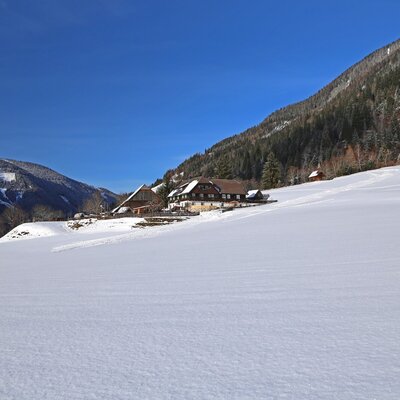 The farmhouse in a snowy mountain landscape with surrounding forests and a clear sky.