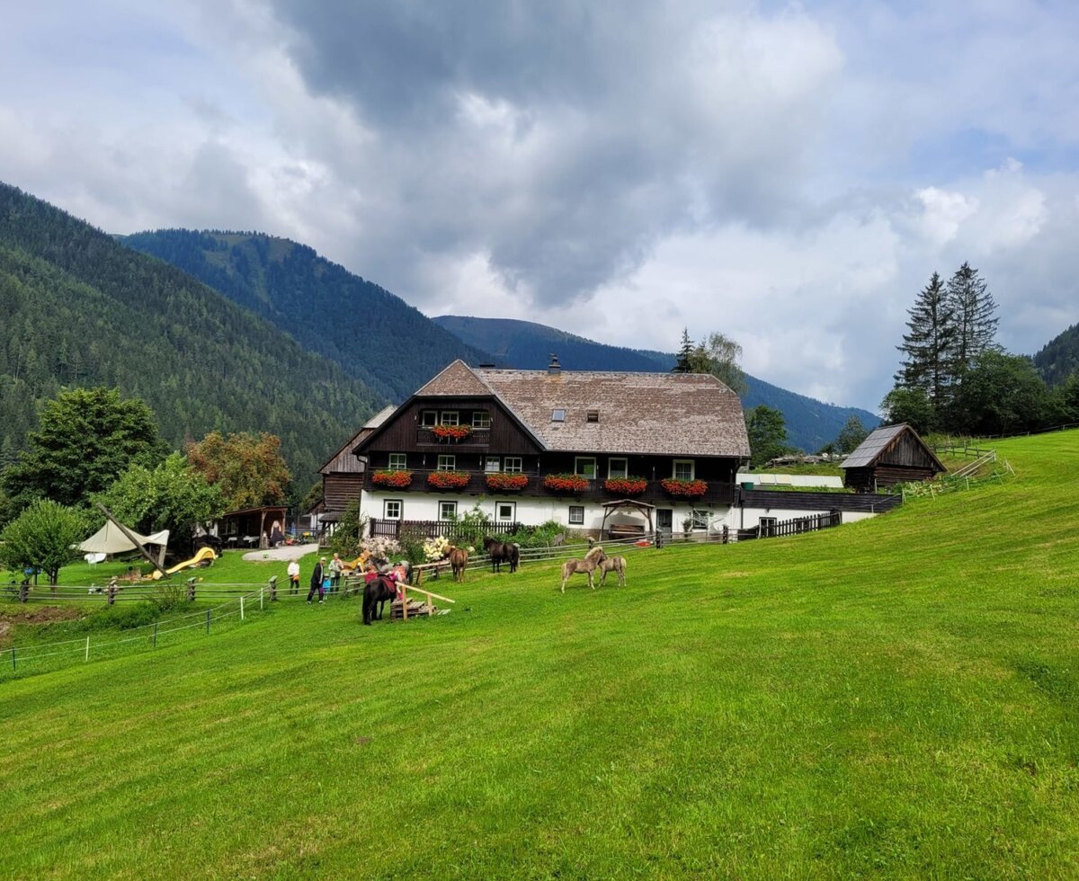 The farmhouse features a traditional building with flower boxes, surrounded by green meadows and mountains, with horses grazing nearby.