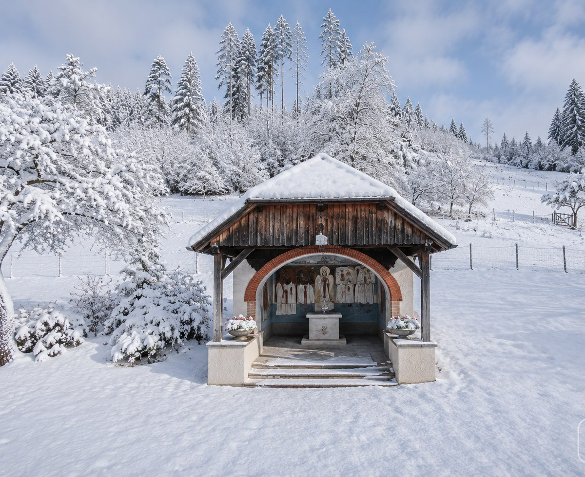 A picturesque, snow-covered chapel on the farmhouse grounds, surrounded by an idyllic winter landscape.