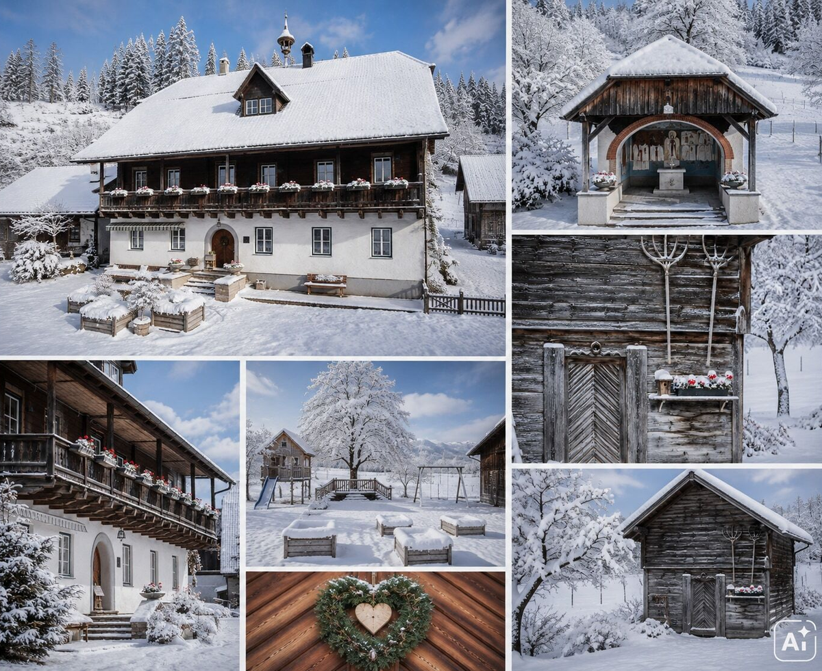 An idyllic farmhouse surrounded by a snow-covered winter landscape, featuring traditional architecture and rustic wooden barns.