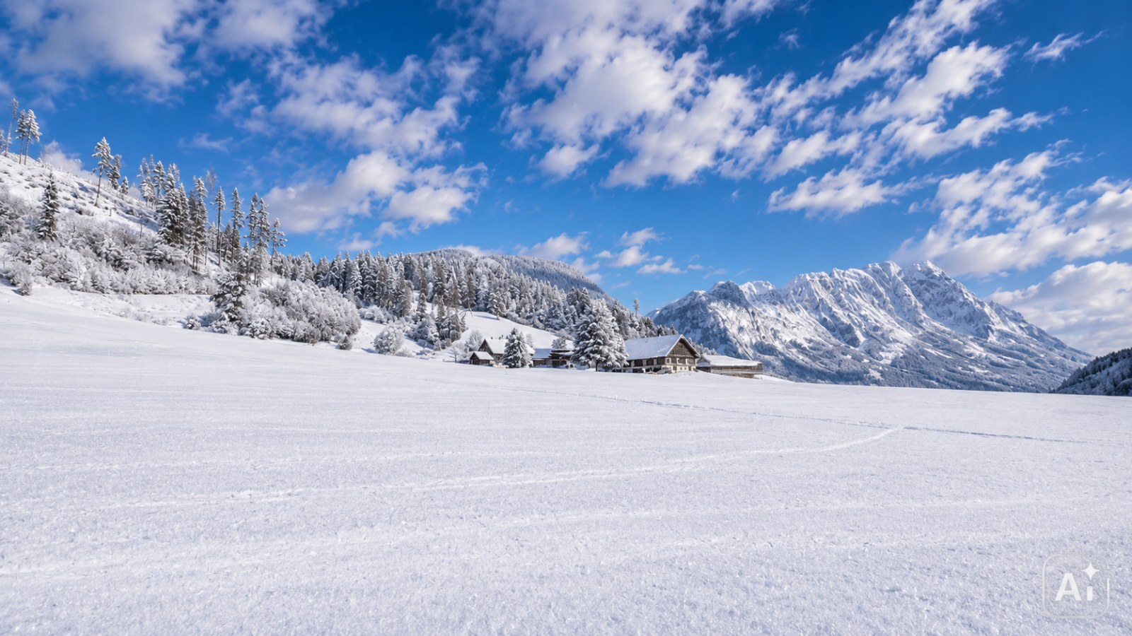 The charming farmhouse nestled in a snowy winter landscape with expansive views of the surrounding mountains.