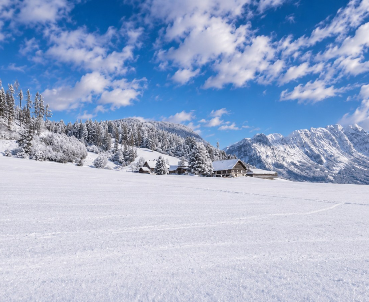 The charming farmhouse nestled in a snowy winter landscape with expansive views of the surrounding mountains.