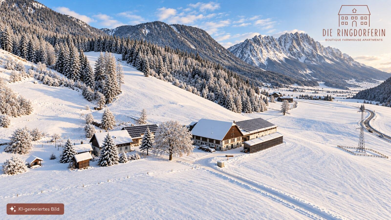 The idyllic farmhouse nestled in a snow-covered winter landscape with views of the surrounding mountains.