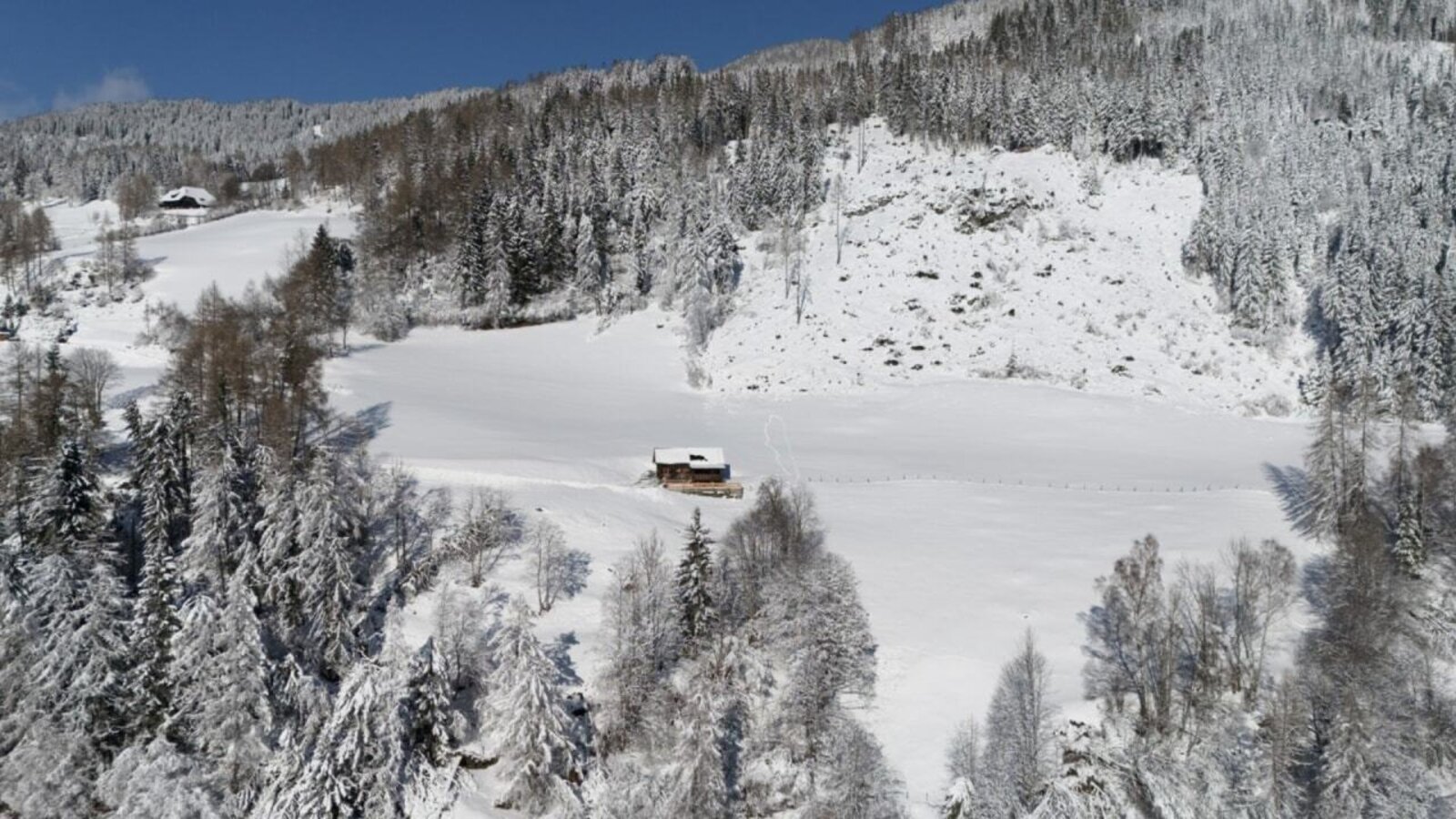 The winter mountain landscape surrounding the farmhouse, featuring snow-covered forests and a remote wooden cabin.