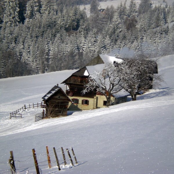 The farmhouse exterior during winter, surrounded by snow-covered fields and pine trees.