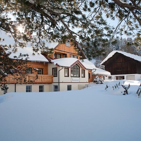 The farmhouse exterior during winter, featuring snow-covered roofs and grounds, wooden balconies, and a nearby barn and swing set. The farmhouse exterior during winter, featuring snow-covered roofs and grounds, wooden balconies, and a nearby barn and swing set.