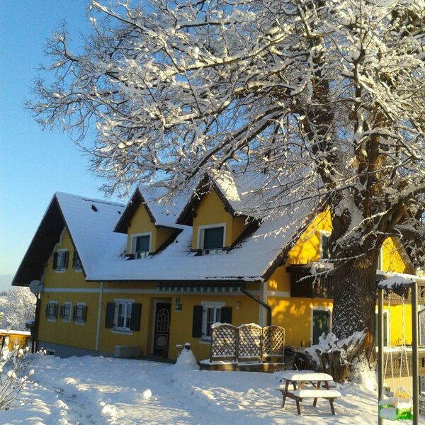 The farm house exterior covered in snow, with a large snow-laden tree and clear blue sky.