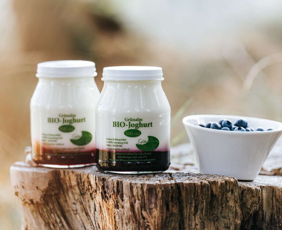 Organic yogurt and fresh blueberries are displayed on a tree stump at the farmhouse.