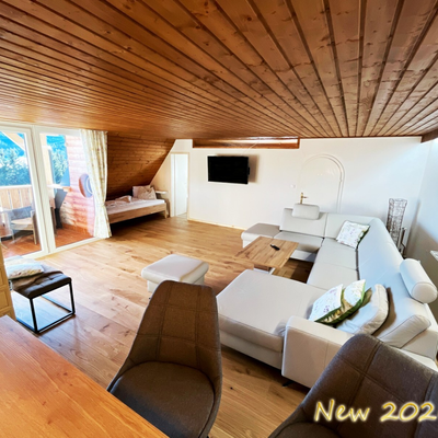 The living room, featuring a large sofa, TV, integrated bed, tiled stove, and balcony access.