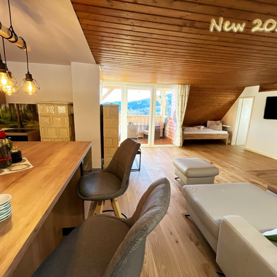 The open living room , featuring an integrated bed, TV, tiled stove, and balcony access