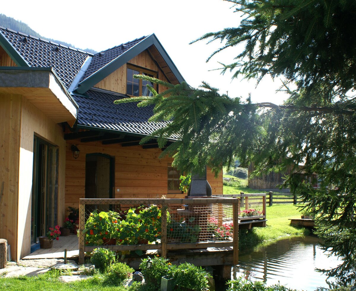 The farmhouse features a wooden exterior and a deck with a barbecue grill, situated directly by a pond.