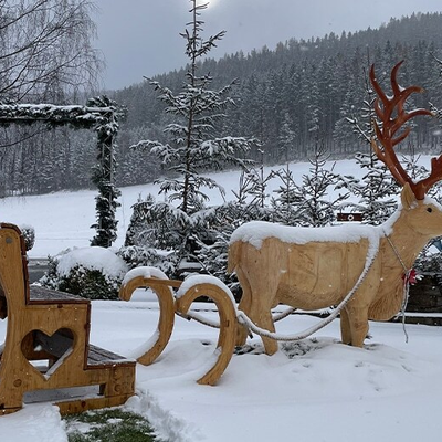 Wooden reindeer and sleigh bench in the snowy outdoor area.