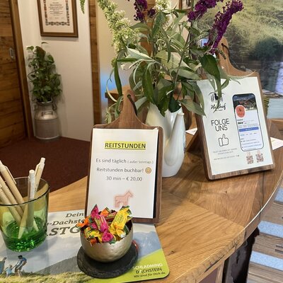 Farmhouse reception area displaying information about riding lessons and social media channels.