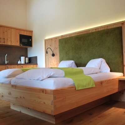 Spacious bedroom in the farmhouse with a double bed, green headboard, and an integrated kitchenette with a sink and microwave.