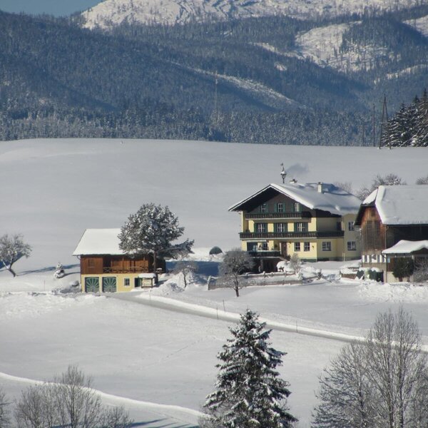 The Farm House, featuring a yellow facade, green shutters, and balconies, is situated in a snowy winter landscape with distant mountains.