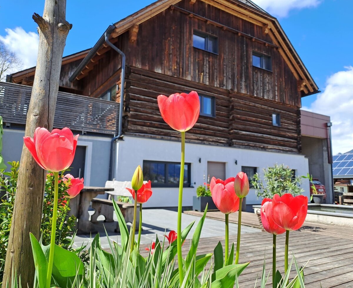 The farm house exterior with a wooden upper floor, a balcony, and a ground-level deck featuring outdoor seating, along with visible solar panels.