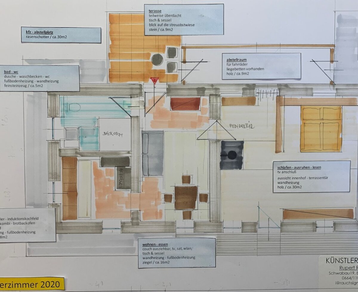 The detailed floor plan of the Farm House shows the layout, including the kitchen, living and dining area, bedroom, bathroom, terrace, car parking, and bicycle storage.