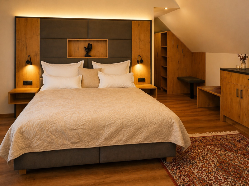A cozy bedroom in the farmhouse featuring a plush double bed, warm wooden accents, and soft, inviting lighting.