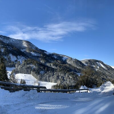 The farm house offers views of snow-covered mountains and fir forests under a clear blue sky.