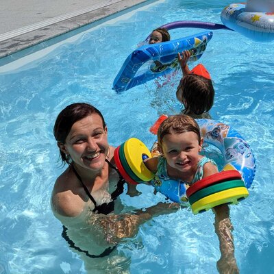 The outdoor swimming pool at the farm house, enjoyed by adults and children with pool floats.