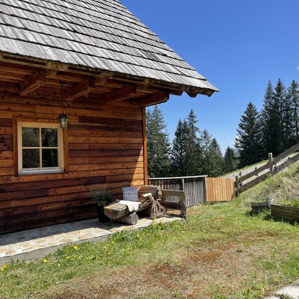 Exterior view of the Alm, featuring a wooden facade, window, woodpile, and a log bench.