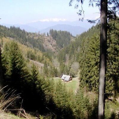 The farmhouse is located in a forested valley, offering distant mountain views.