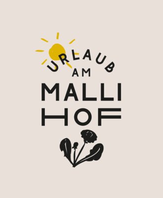 The logo for the Farm House, featuring the text "Urlaub am Malli Hof" with a sun graphic and a dandelion illustration.