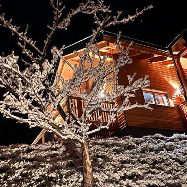 The farmhouse exterior at night, with its wooden structure illuminated, surrounded by snow-covered ground and a frosted tree.