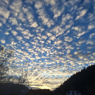 View of the patterned sky above forested hills and rooftops surrounding the Farm House.