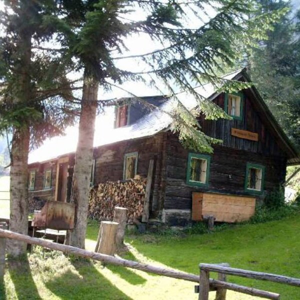 The wooden farmhouse exterior, featuring green window frames, stacked firewood, and surrounding trees in a natural setting. The wooden farmhouse exterior, featuring green window frames, stacked firewood, and surrounding trees in a natural setting.