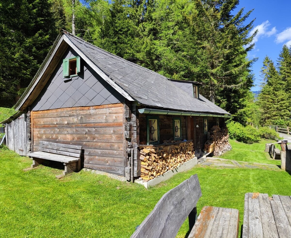 The rustic wood-style bed and breakfast, surrounded by a lush green lawn and dense forest.