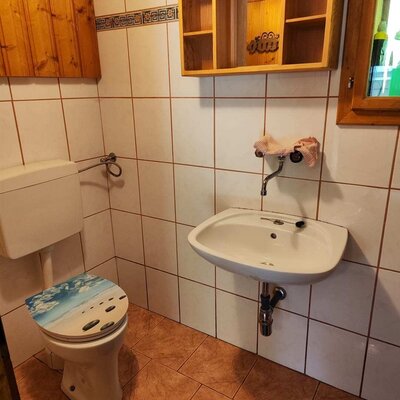 A functional, brightly tiled bathroom in the bed and breakfast, featuring a washbasin, toilet, and practical wooden shelving.