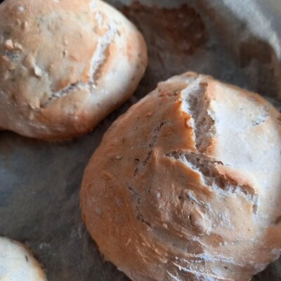 Freshly baked bread rolls on parchment paper, reflecting the Farm House's homemade offerings.